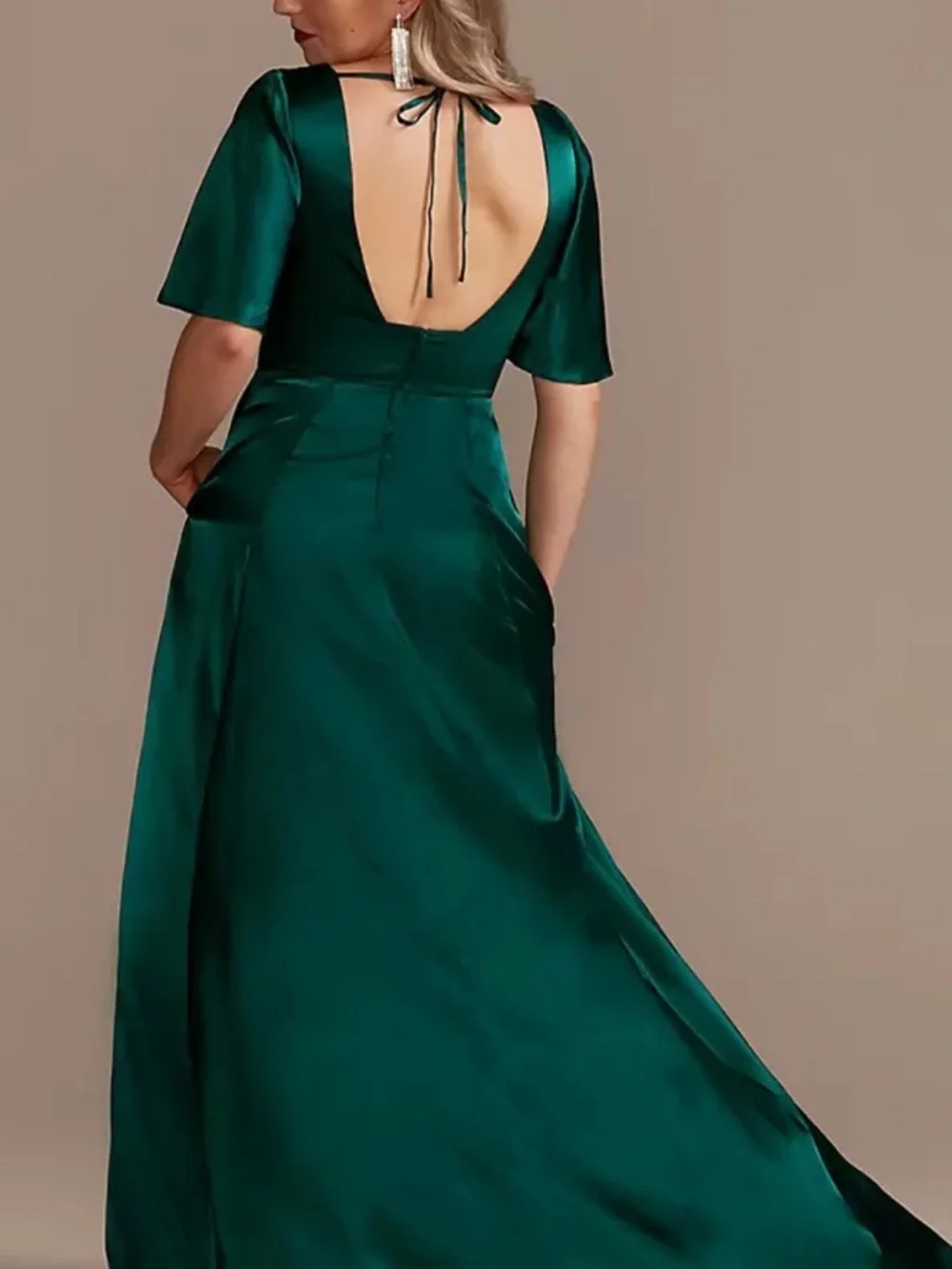 David's Bridal Emerald Green Satin V-Neck Maxi Dress - Picture 4 of 4